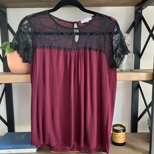 Maroon Blouse with Black Lace Sleeves